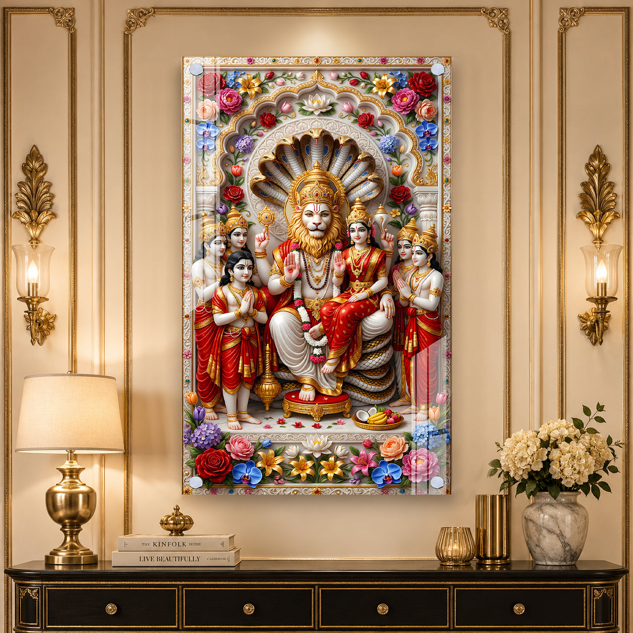 Luxury High Definition Lakshmi Narasimha Acrylic Wall Painting for Temple, Hall, Living Room