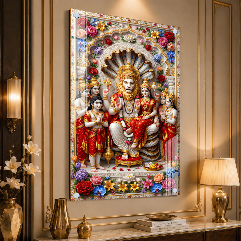 Luxury High Definition Lakshmi Narasimha Acrylic Wall Painting for Temple, Hall, Living Room