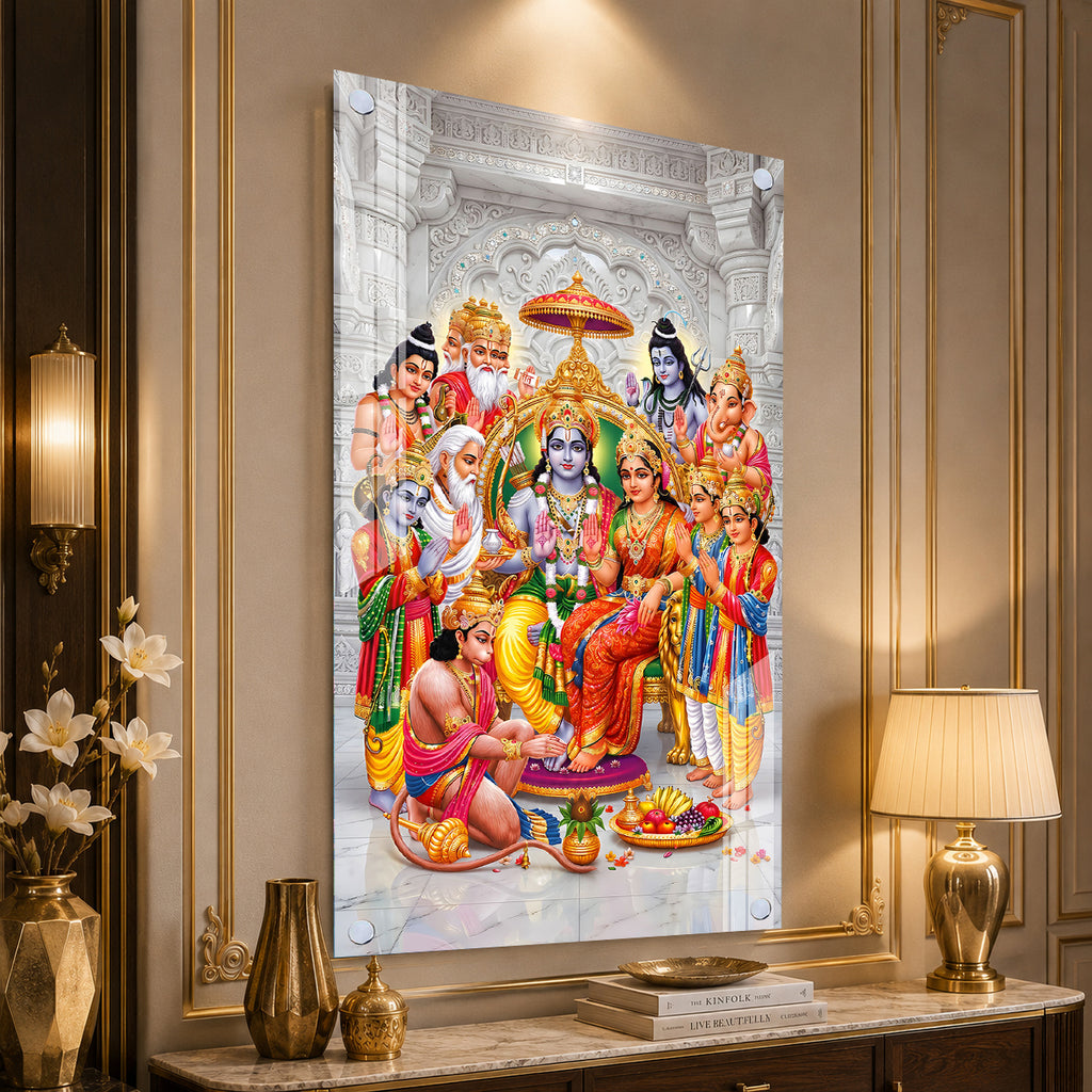 Elegant Ram Darbar Hindu God Acrylic Glass Painting for Mandir Wall Decor and Housewarming Gift