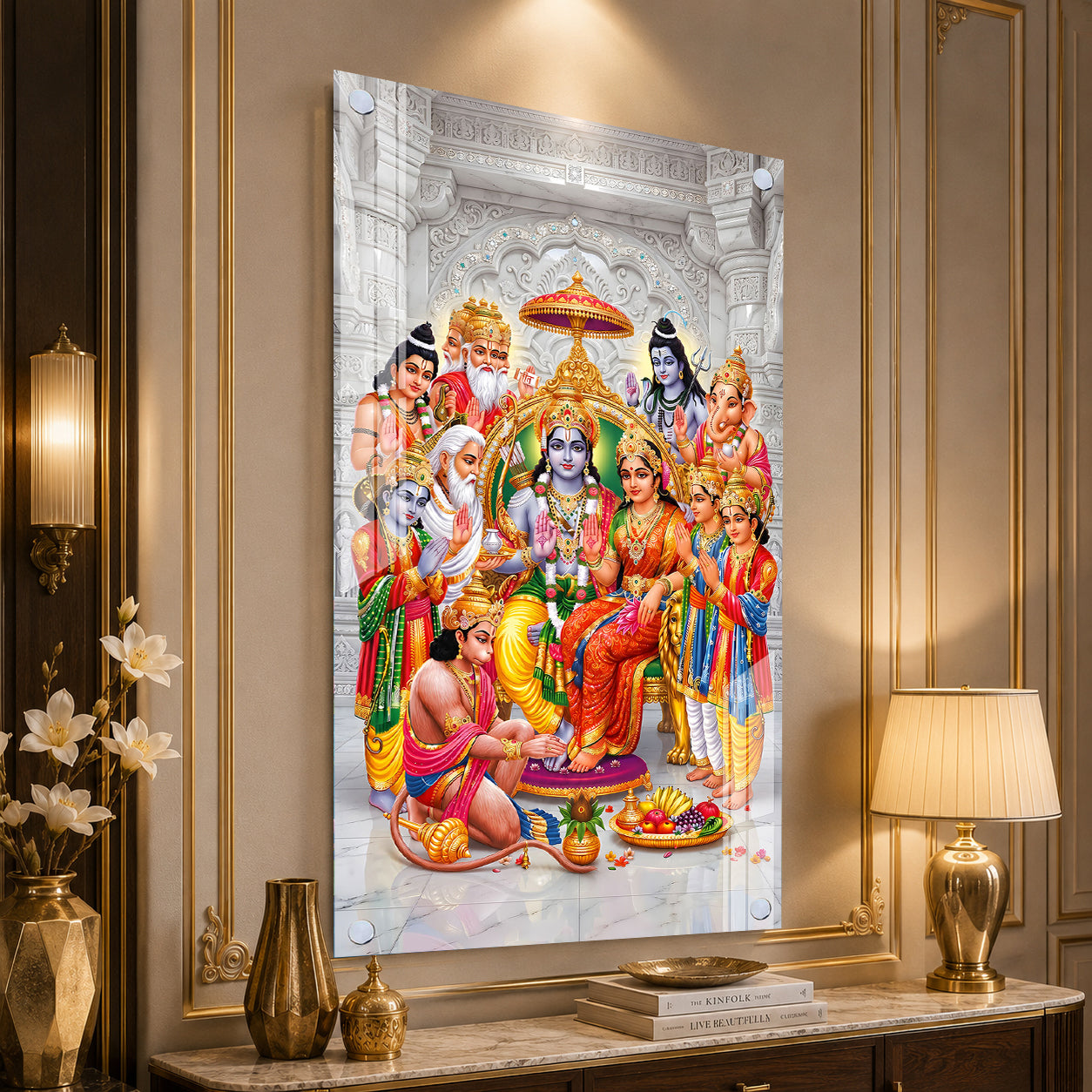 Elegant Ram Darbar Hindu God Acrylic Glass Painting for Mandir Wall Decor and Housewarming Gift