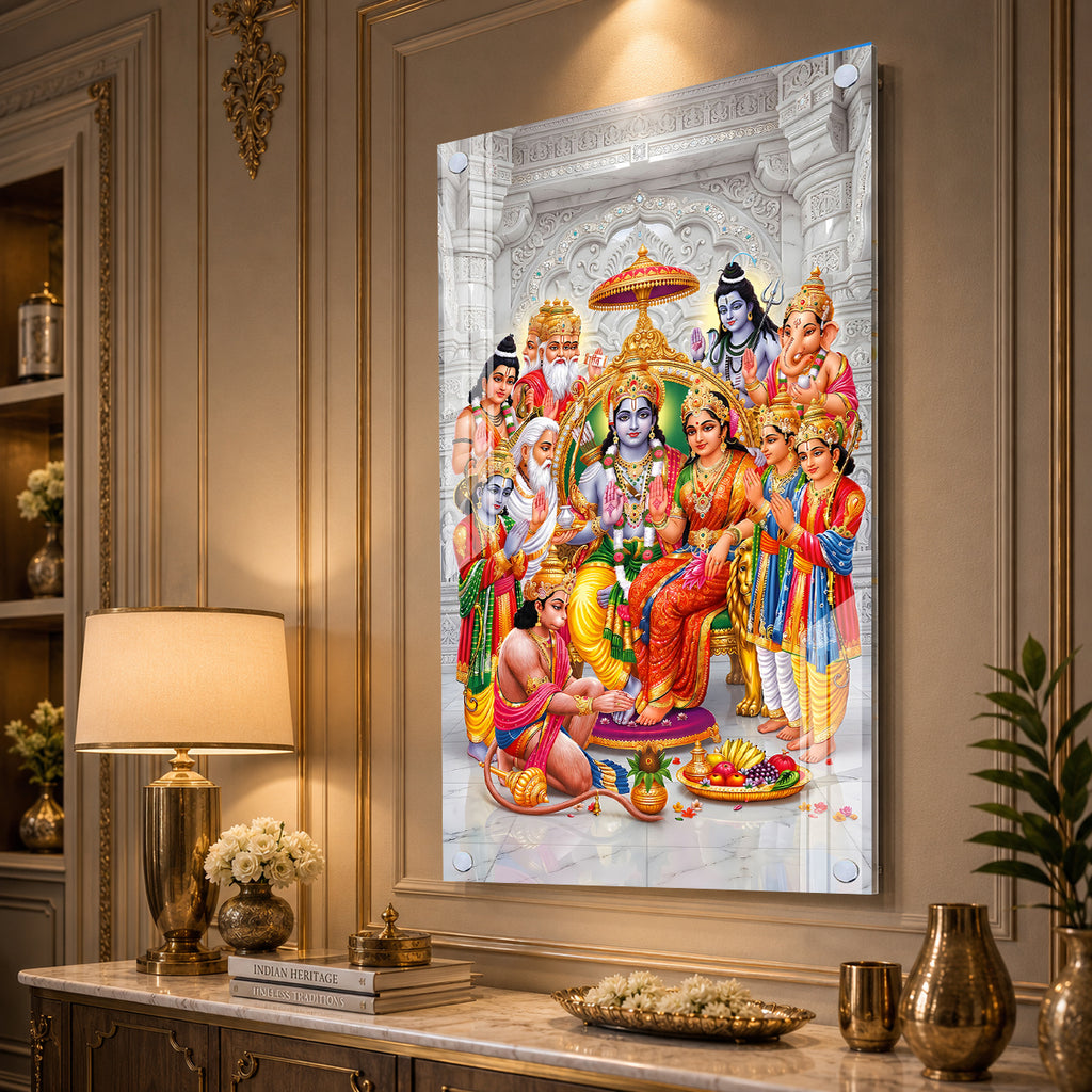 Elegant Ram Darbar Hindu God Acrylic Glass Painting for Mandir Wall Decor and Housewarming Gift