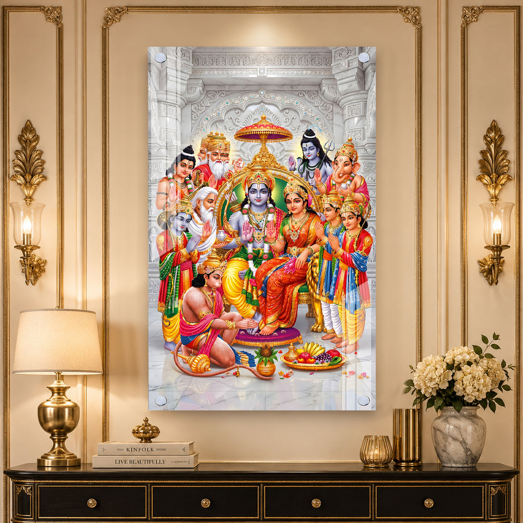 Elegant Ram Darbar Hindu God Acrylic Glass Painting for Mandir Wall Decor and Housewarming Gift