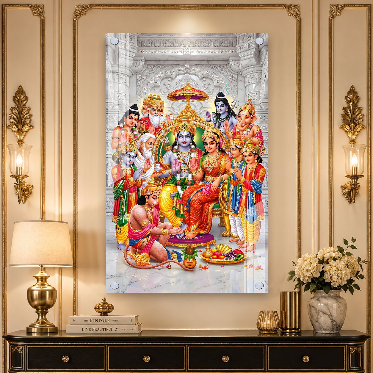 Elegant Ram Darbar Hindu God Acrylic Glass Painting for Mandir Wall Decor and Housewarming Gift
