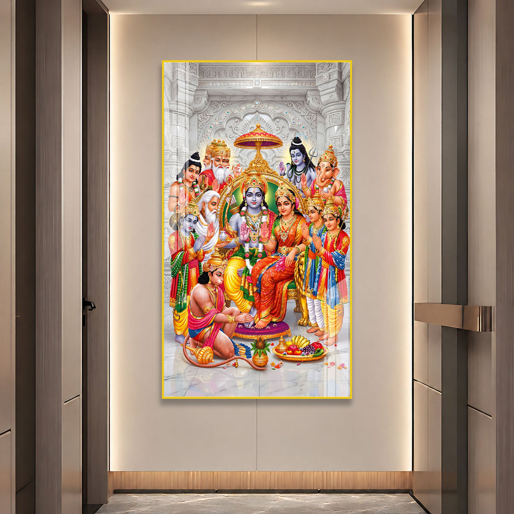 Elegant Ram Darbar Hindu God Acrylic Glass Painting for Mandir Wall Decor and Housewarming Gift