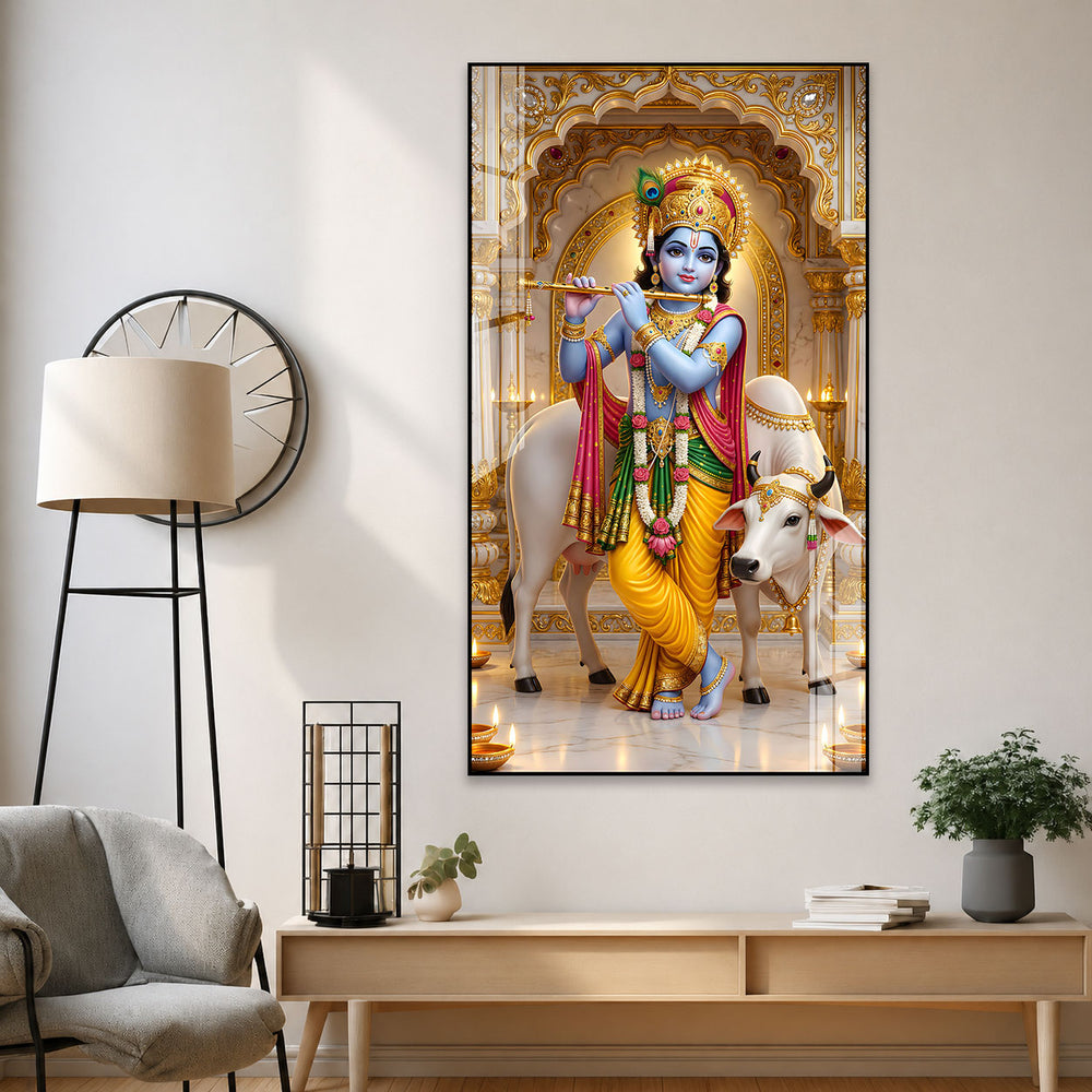 Beautiful Krishna Govinda Acrylic Glass Painting with Holy Cow for Spiritual Wall Decor