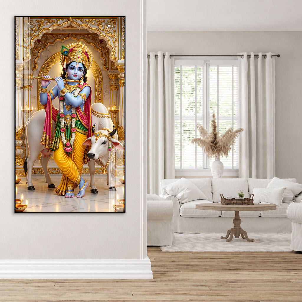 Beautiful Krishna Govinda Acrylic Glass Painting with Holy Cow for Spiritual Wall Decor