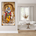 Beautiful Krishna Govinda Acrylic Glass Painting with Holy Cow for Spiritual Wall Decor