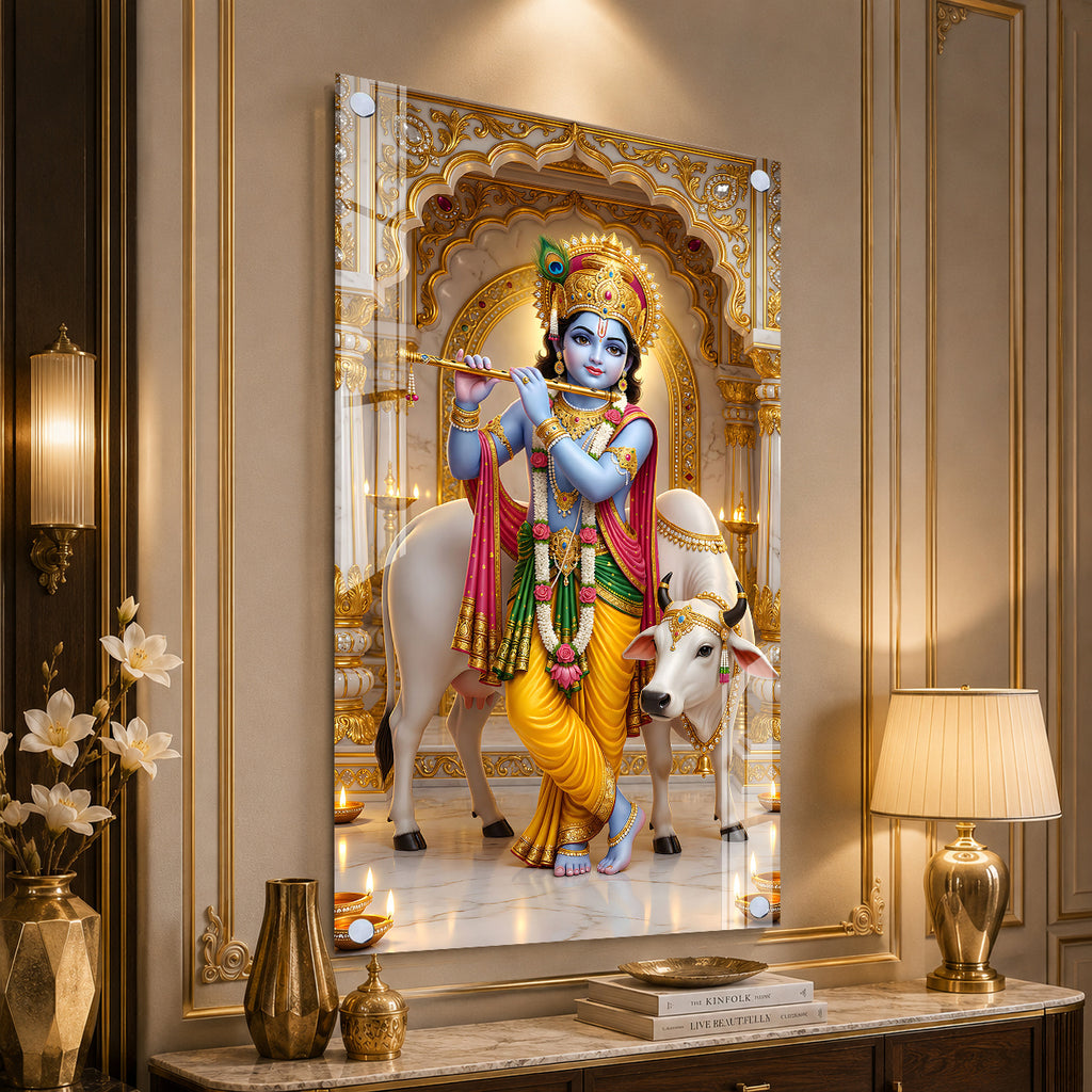 Beautiful Krishna Govinda Acrylic Glass Painting with Holy Cow for Spiritual Wall Decor