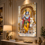 Beautiful Krishna Govinda Acrylic Glass Painting with Holy Cow for Spiritual Wall Decor