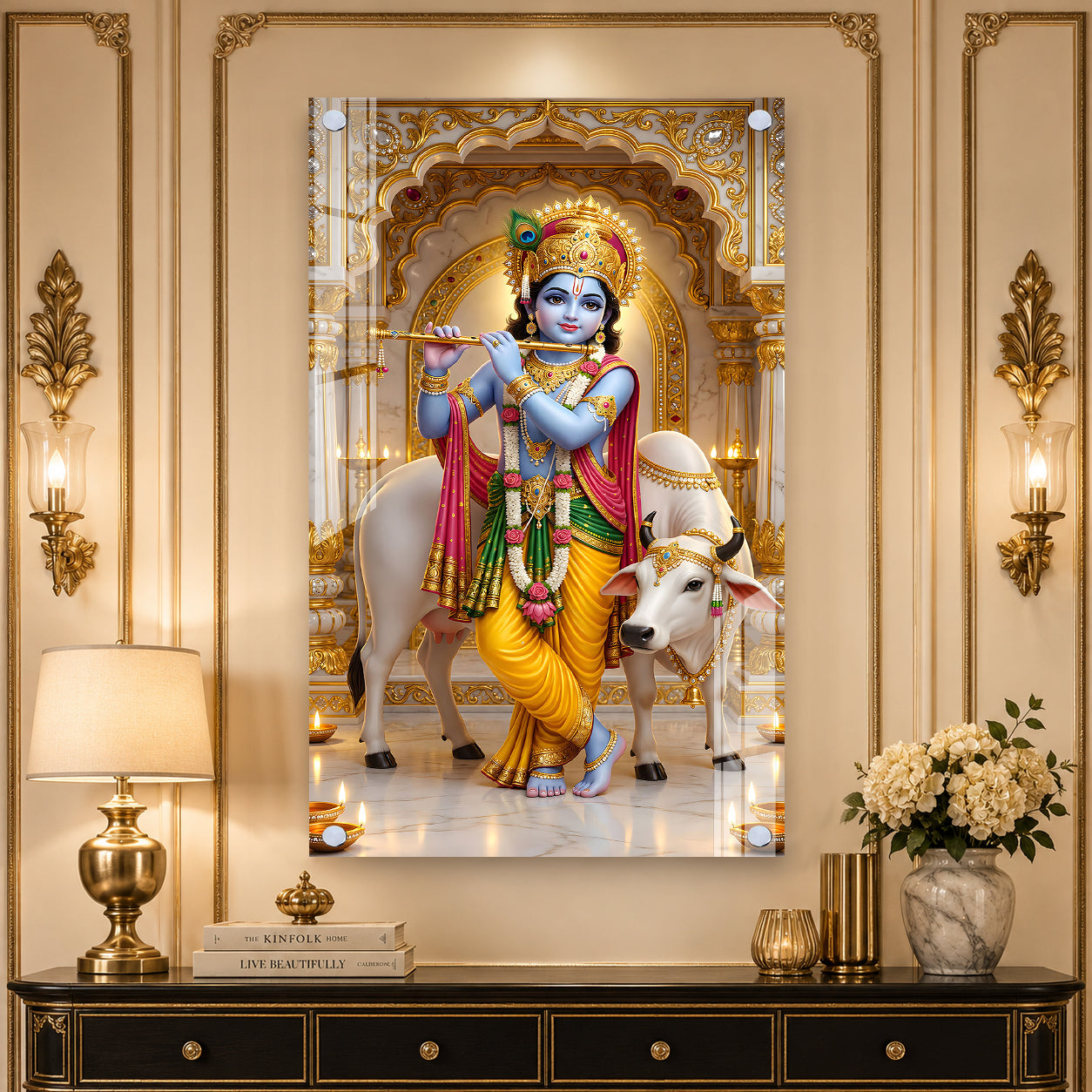 Beautiful Krishna Govinda Acrylic Glass Painting with Holy Cow for Spiritual Wall Decor