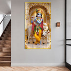Beautiful Krishna Govinda Acrylic Glass Painting with Holy Cow for Spiritual Wall Decor