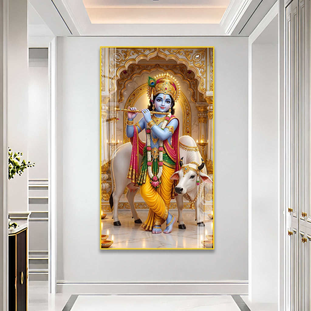 Beautiful Krishna Govinda Acrylic Glass Painting with Holy Cow for Spiritual Wall Decor