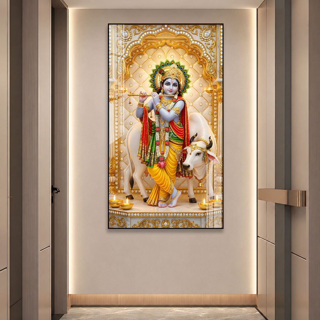 Premium Hindu God Lord Krishna Acrylic Wall Painting with Cow for Pooja Room and Office Decor