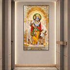 Premium Hindu God Lord Krishna Acrylic Wall Painting with Cow for Pooja Room and Office Decor