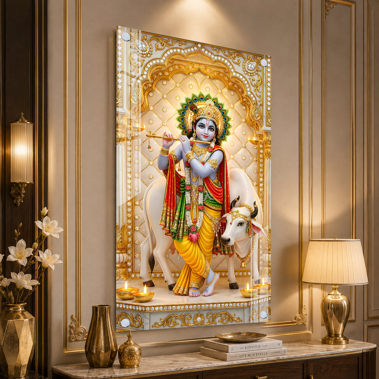 Premium Hindu God Lord Krishna Acrylic Wall Painting with Cow for Pooja Room and Office Decor