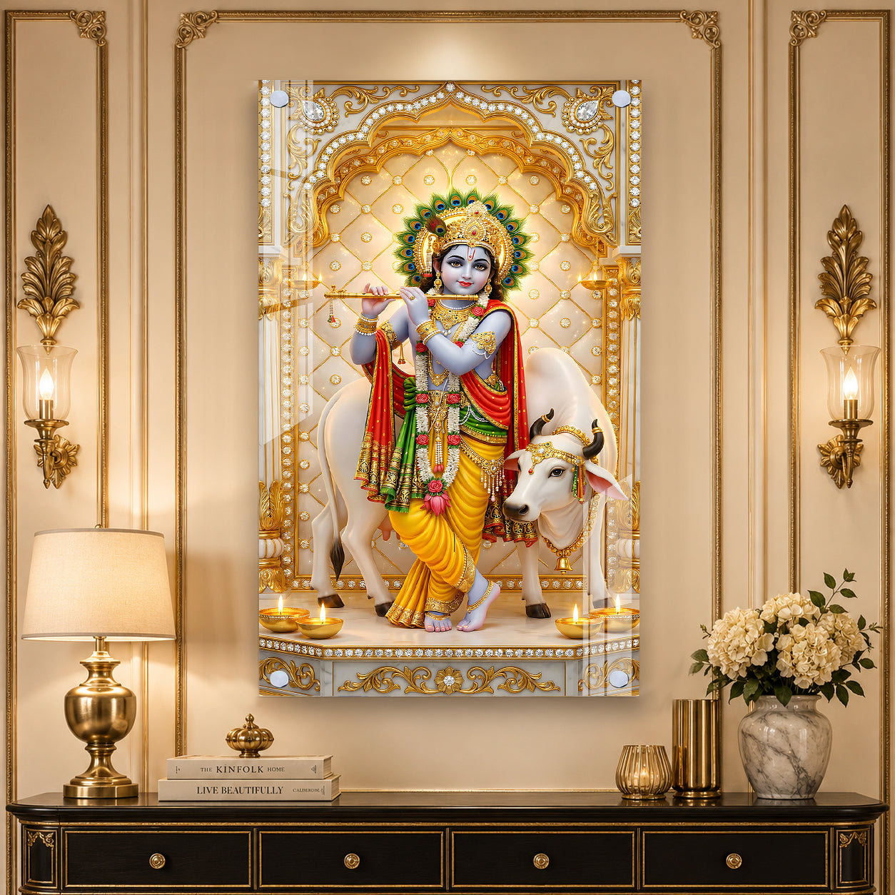 Premium Hindu God Lord Krishna Acrylic Wall Painting with Cow for Pooja Room and Office Decor