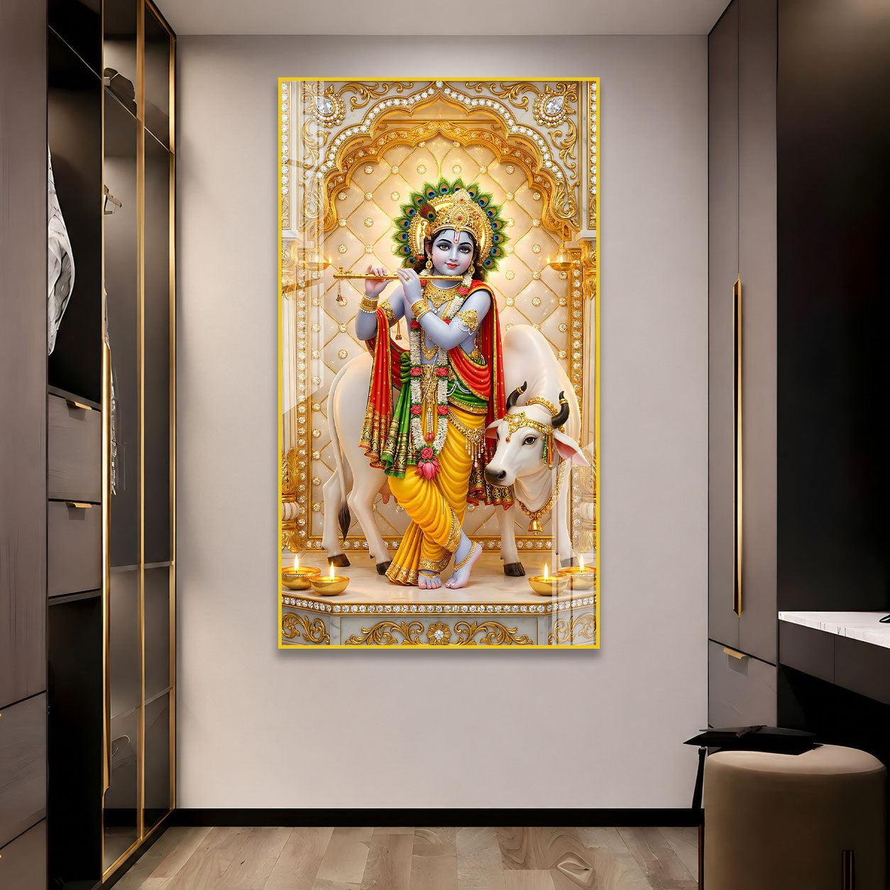 Premium Hindu God Lord Krishna Acrylic Wall Painting with Cow for Pooja Room and Office Decor