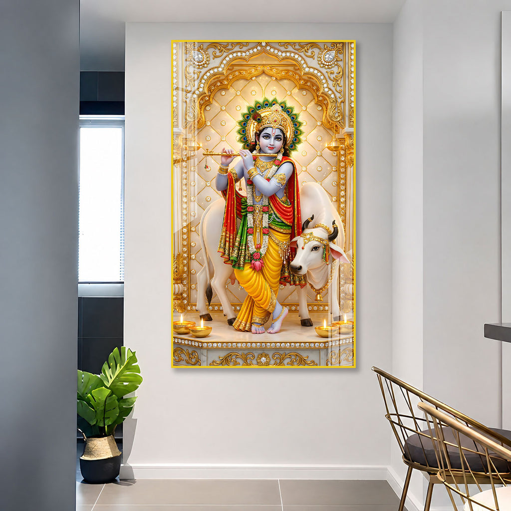 Premium Hindu God Lord Krishna Acrylic Wall Painting with Cow for Pooja Room and Office Decor