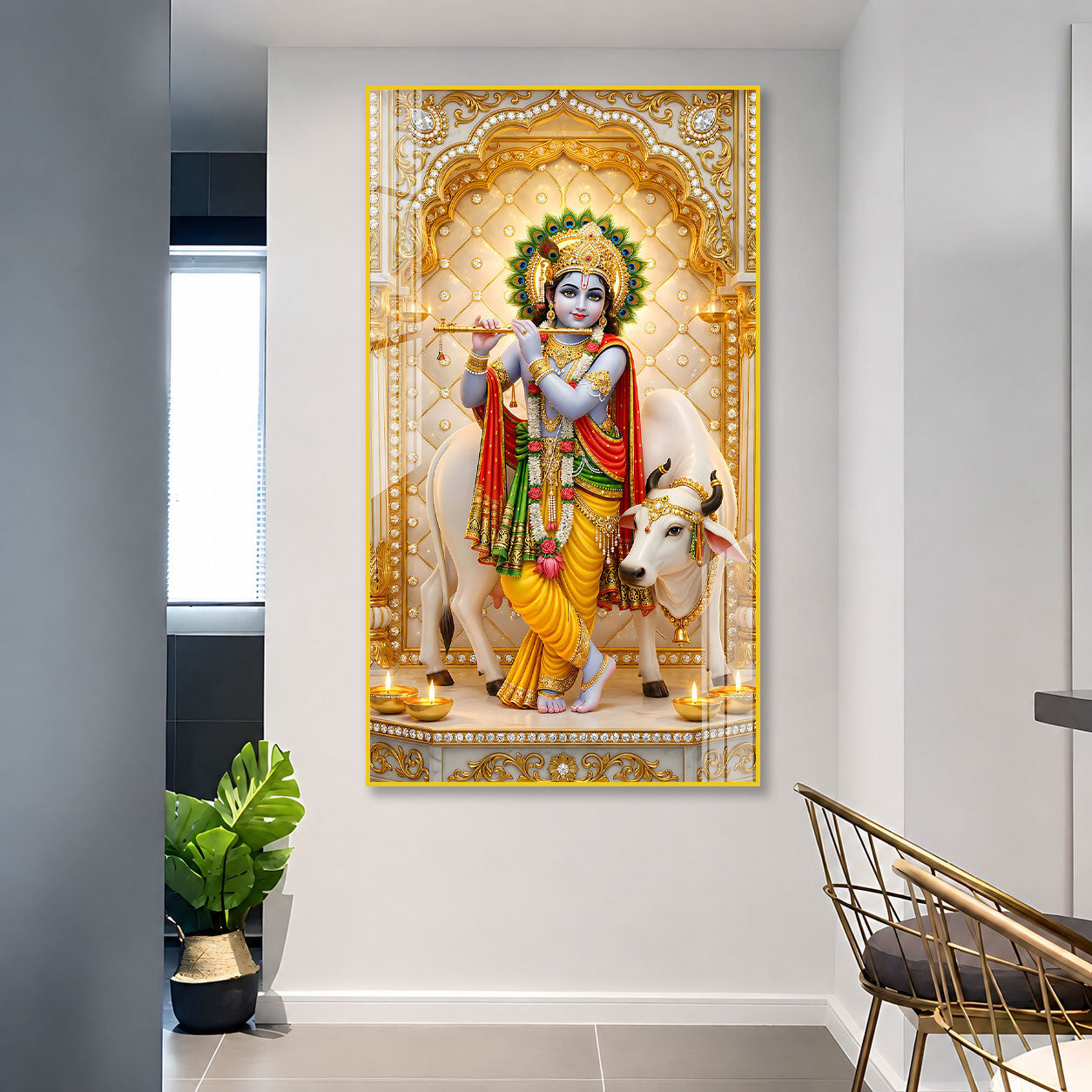 Premium Hindu God Lord Krishna Acrylic Wall Painting with Cow for Pooja Room and Office Decor