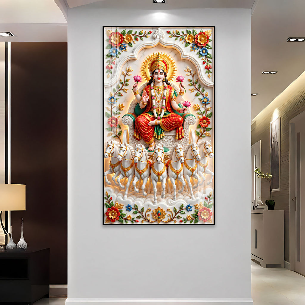 Premium Maa Lakshmi Seven Horses Acrylic Glass Wall Painting for Wealth and Prosperity Decor