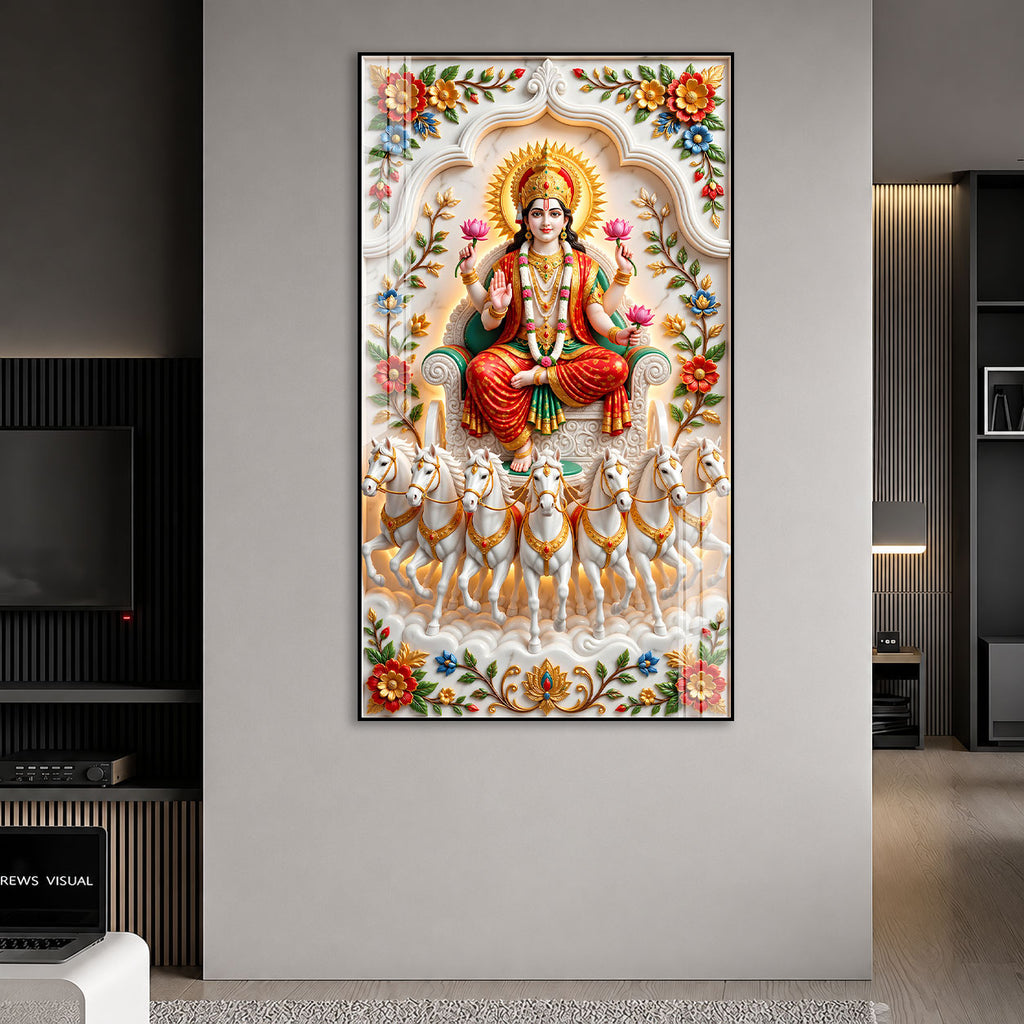 Premium Maa Lakshmi Seven Horses Acrylic Glass Wall Painting for Wealth and Prosperity Decor