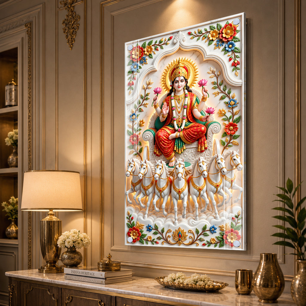 Premium Maa Lakshmi Seven Horses Acrylic Glass Wall Painting for Wealth and Prosperity Decor