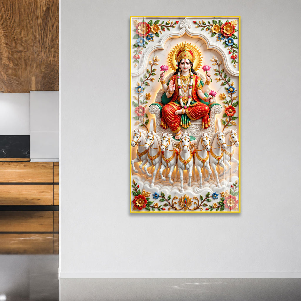 Premium Maa Lakshmi Seven Horses Acrylic Glass Wall Painting for Wealth and Prosperity Decor
