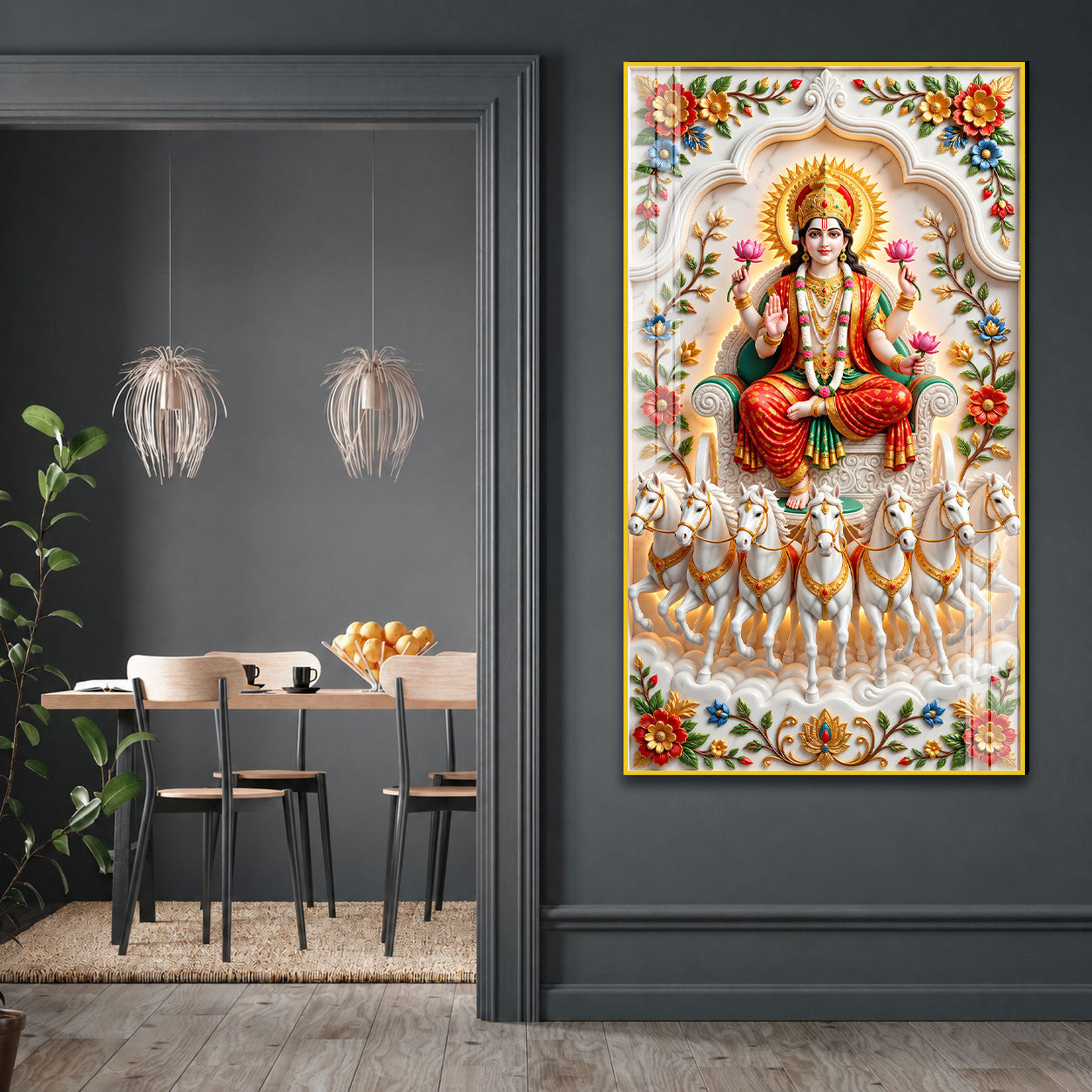 Premium Maa Lakshmi Seven Horses Acrylic Glass Wall Painting for Wealth and Prosperity Decor