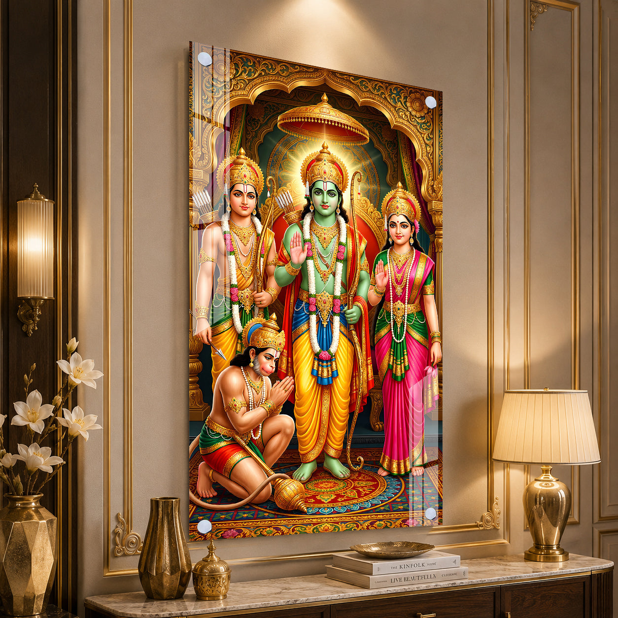 Beautiful Ram Darbar Acrylic Glass Painting with Shri Ram Sita Hanuman Religious Wall Decor