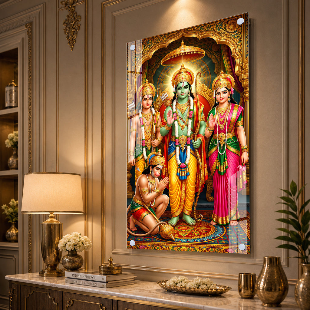 Beautiful Ram Darbar Acrylic Glass Painting with Shri Ram Sita Hanuman Religious Wall Decor