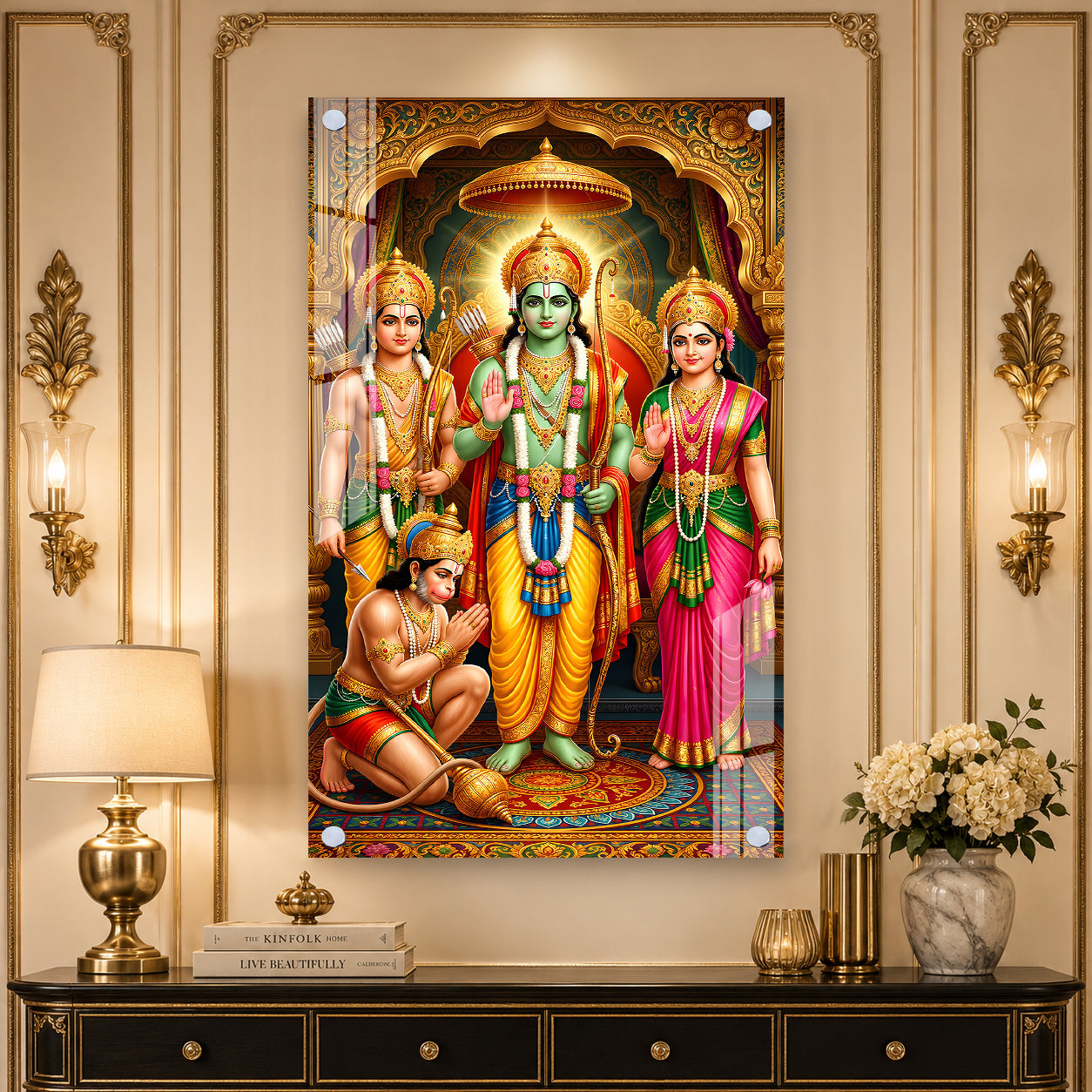 Beautiful Ram Darbar Acrylic Glass Painting with Shri Ram Sita Hanuman Religious Wall Decor