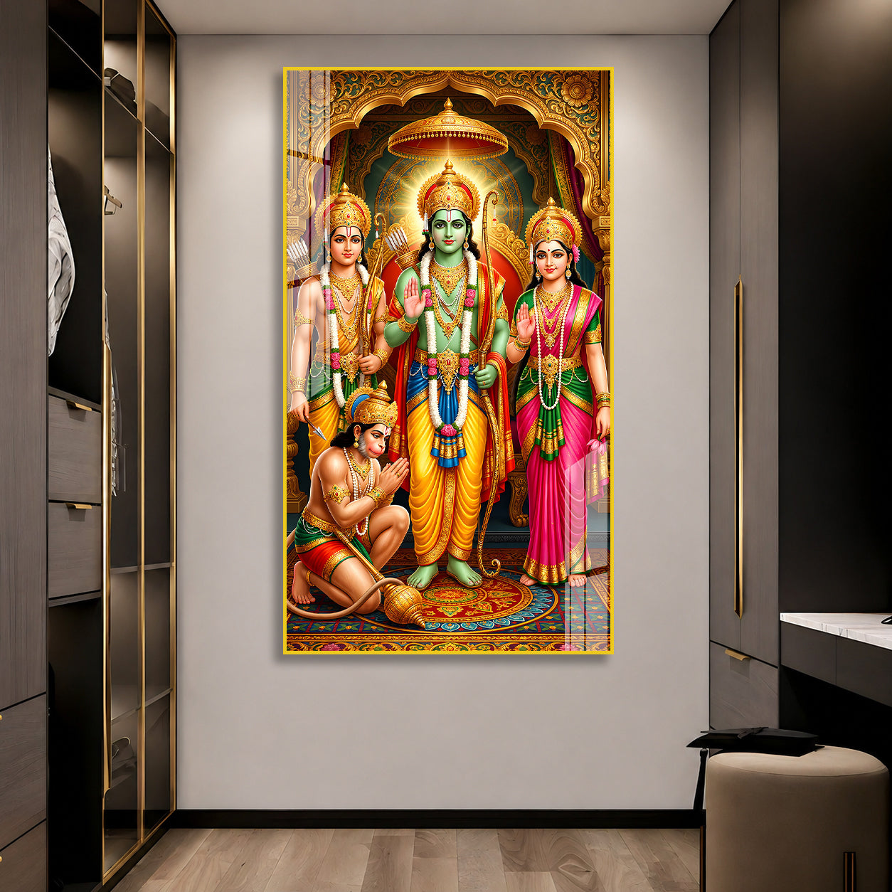 Beautiful Ram Darbar Acrylic Glass Painting with Shri Ram Sita Hanuman Religious Wall Decor