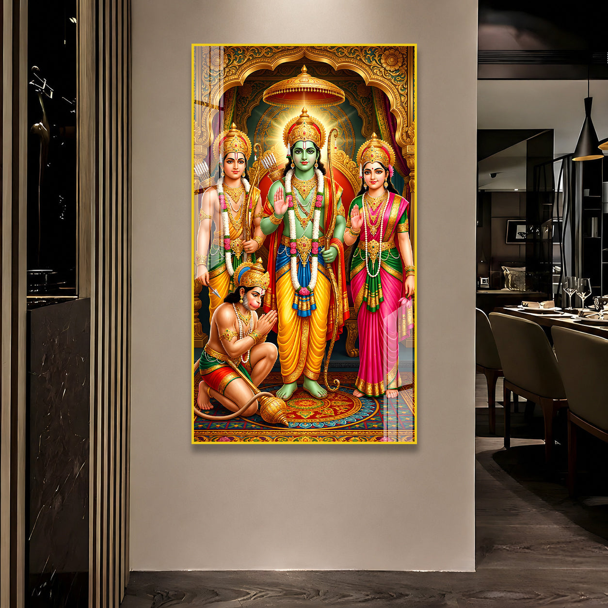 Beautiful Ram Darbar Acrylic Glass Painting with Shri Ram Sita Hanuman Religious Wall Decor