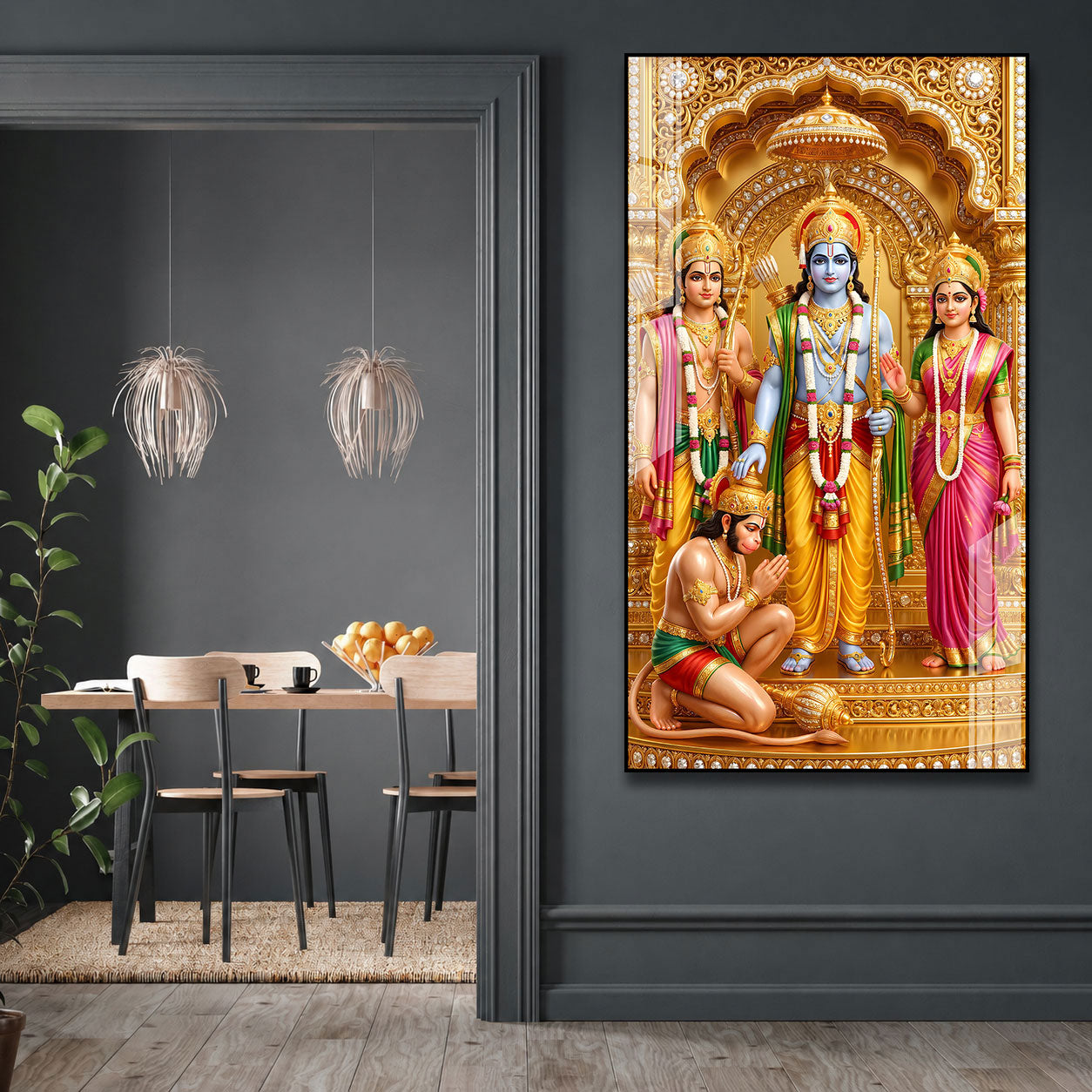 Golden Ram Darbar Acrylic Wall Panel | Spiritual Hindu God Decorative Painting for Home