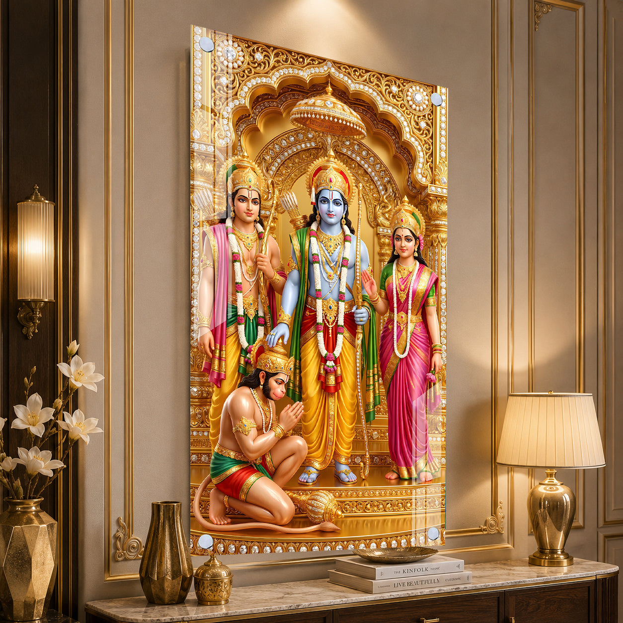 Golden Ram Darbar Acrylic Wall Panel | Spiritual Hindu God Decorative Painting for Home