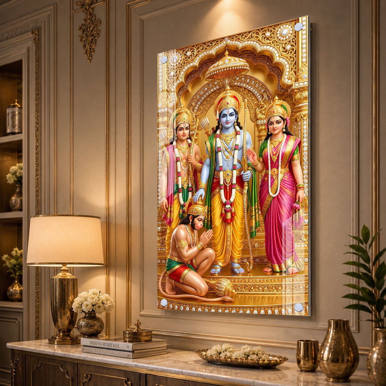 Golden Ram Darbar Acrylic Wall Panel | Spiritual Hindu God Decorative Painting for Home