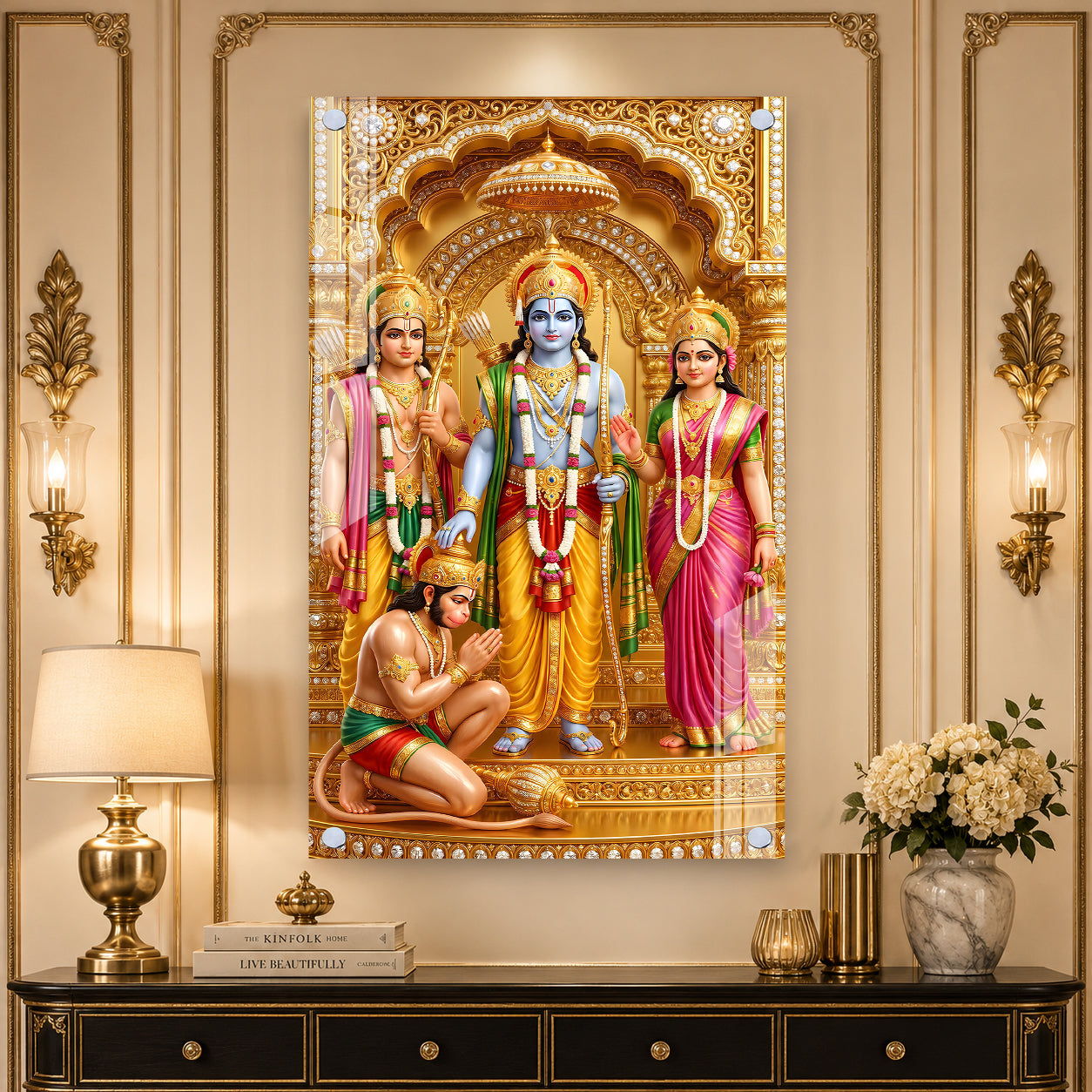Golden Ram Darbar Acrylic Wall Panel | Spiritual Hindu God Decorative Painting for Home