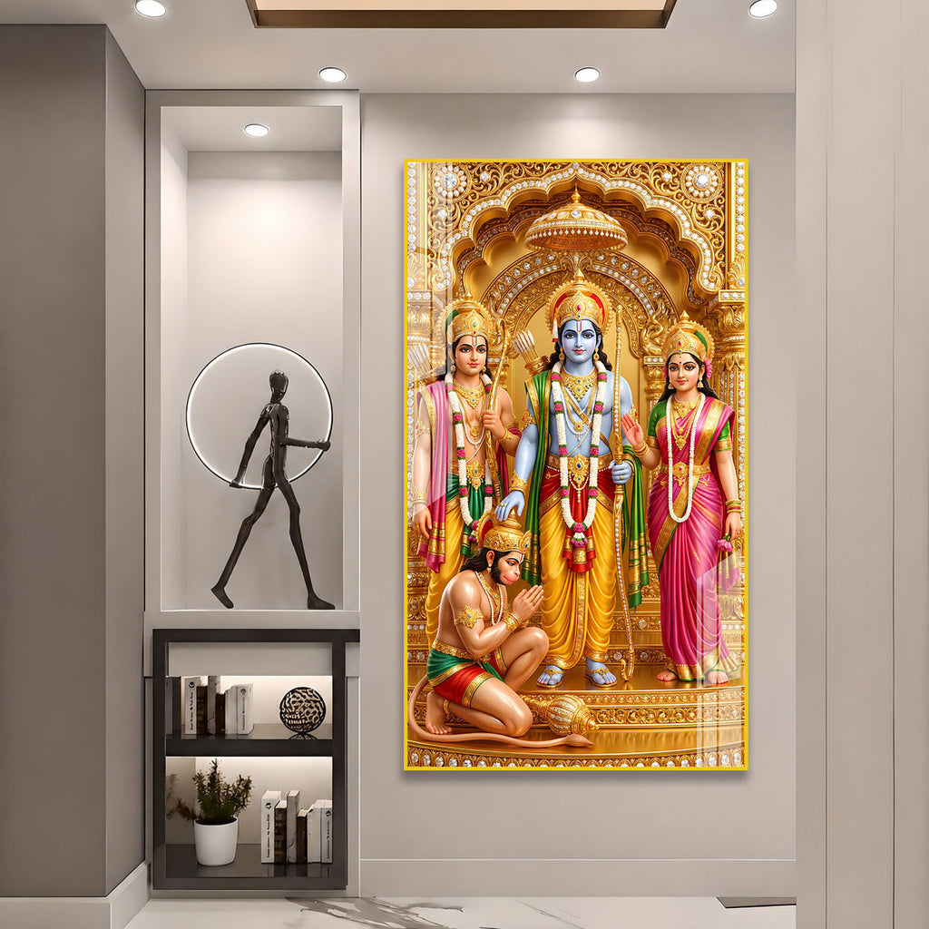 Golden Ram Darbar Acrylic Wall Panel | Spiritual Hindu God Decorative Painting for Home