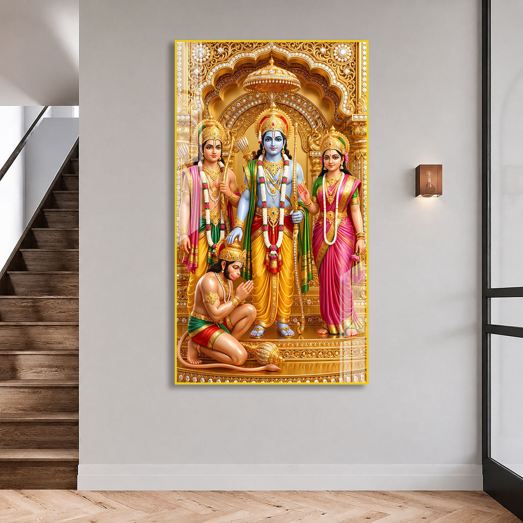 Golden Ram Darbar Acrylic Wall Panel | Spiritual Hindu God Decorative Painting for Home