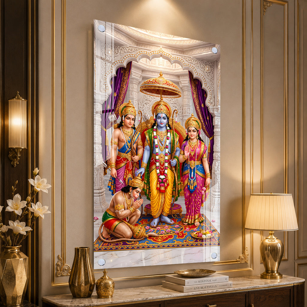 High Gloss Ram Darbar Acrylic Painting with Lord Rama Sita Lakshman and Hanuman Wall Decor