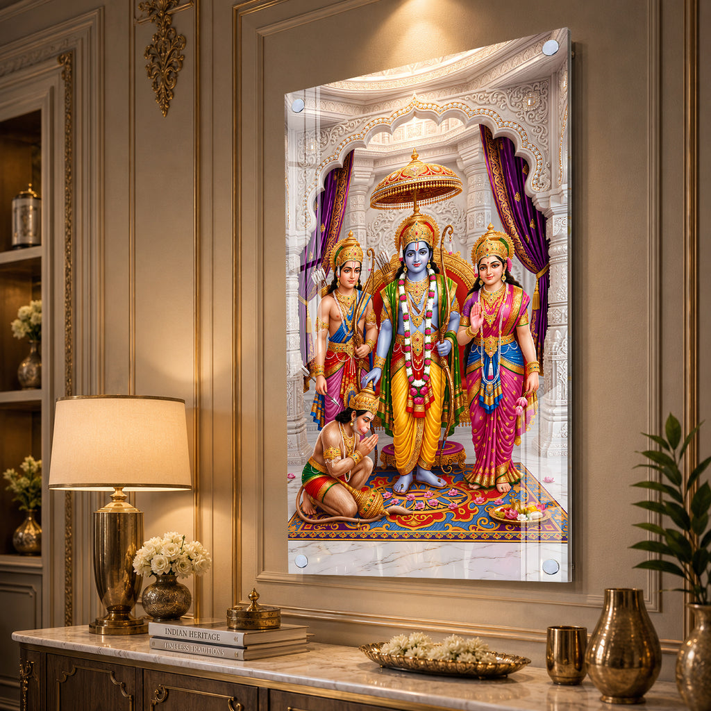 High Gloss Ram Darbar Acrylic Painting with Lord Rama Sita Lakshman and Hanuman Wall Decor