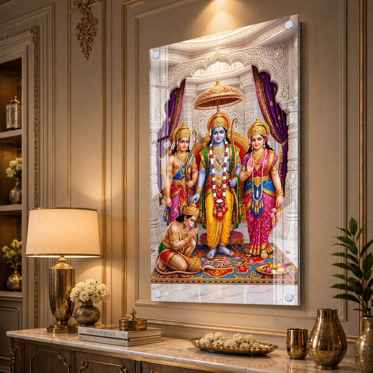 High Gloss Ram Darbar Acrylic Painting with Lord Rama Sita Lakshman and Hanuman Wall Decor