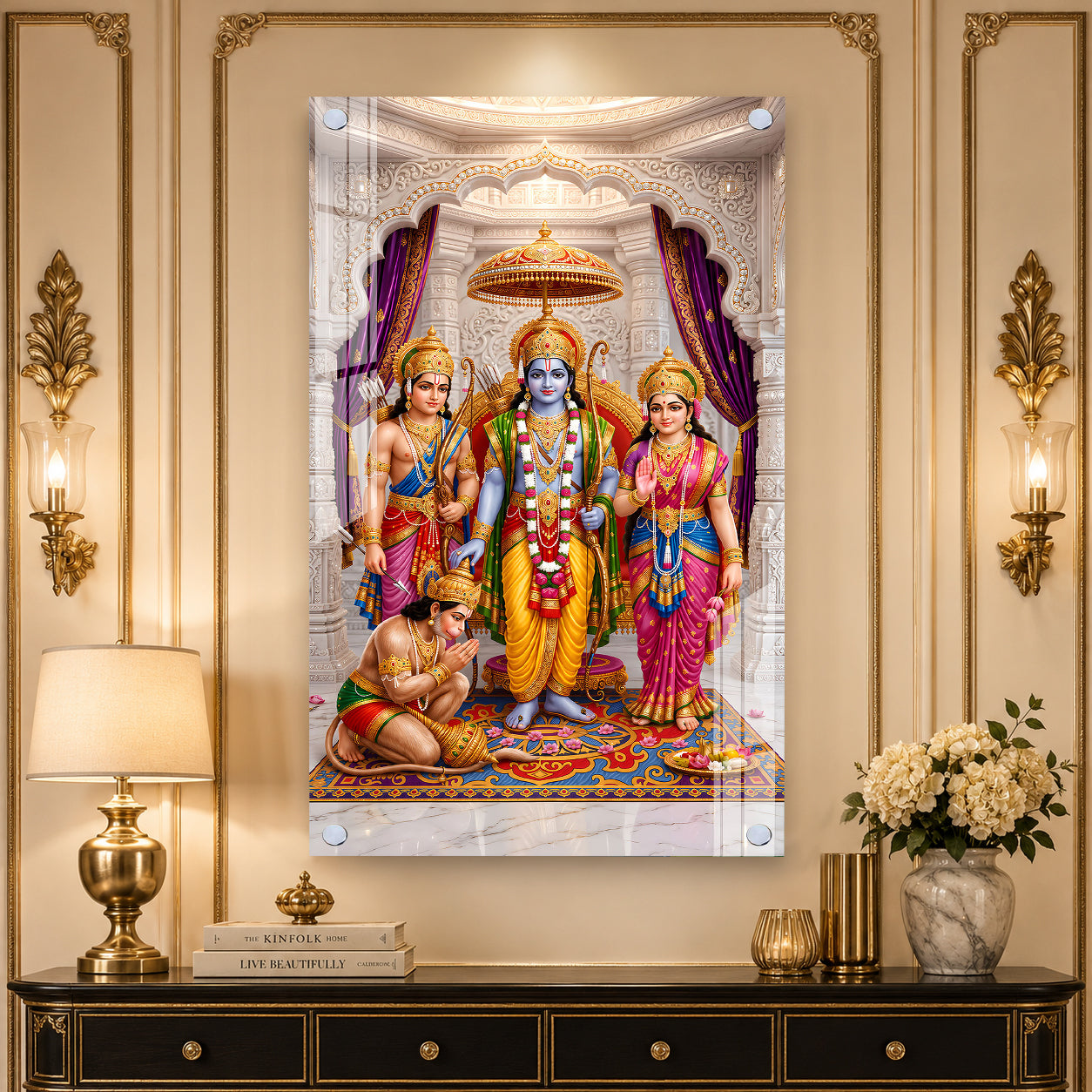 High Gloss Ram Darbar Acrylic Painting with Lord Rama Sita Lakshman and Hanuman Wall Decor