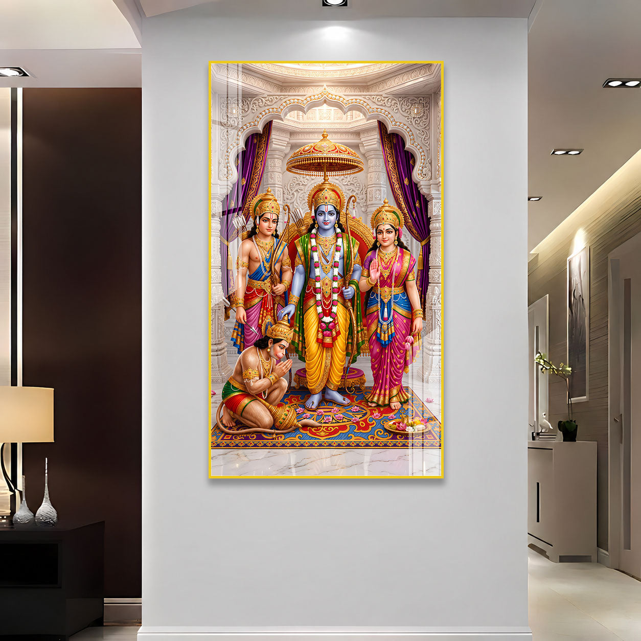 High Gloss Ram Darbar Acrylic Painting with Lord Rama Sita Lakshman and Hanuman Wall Decor