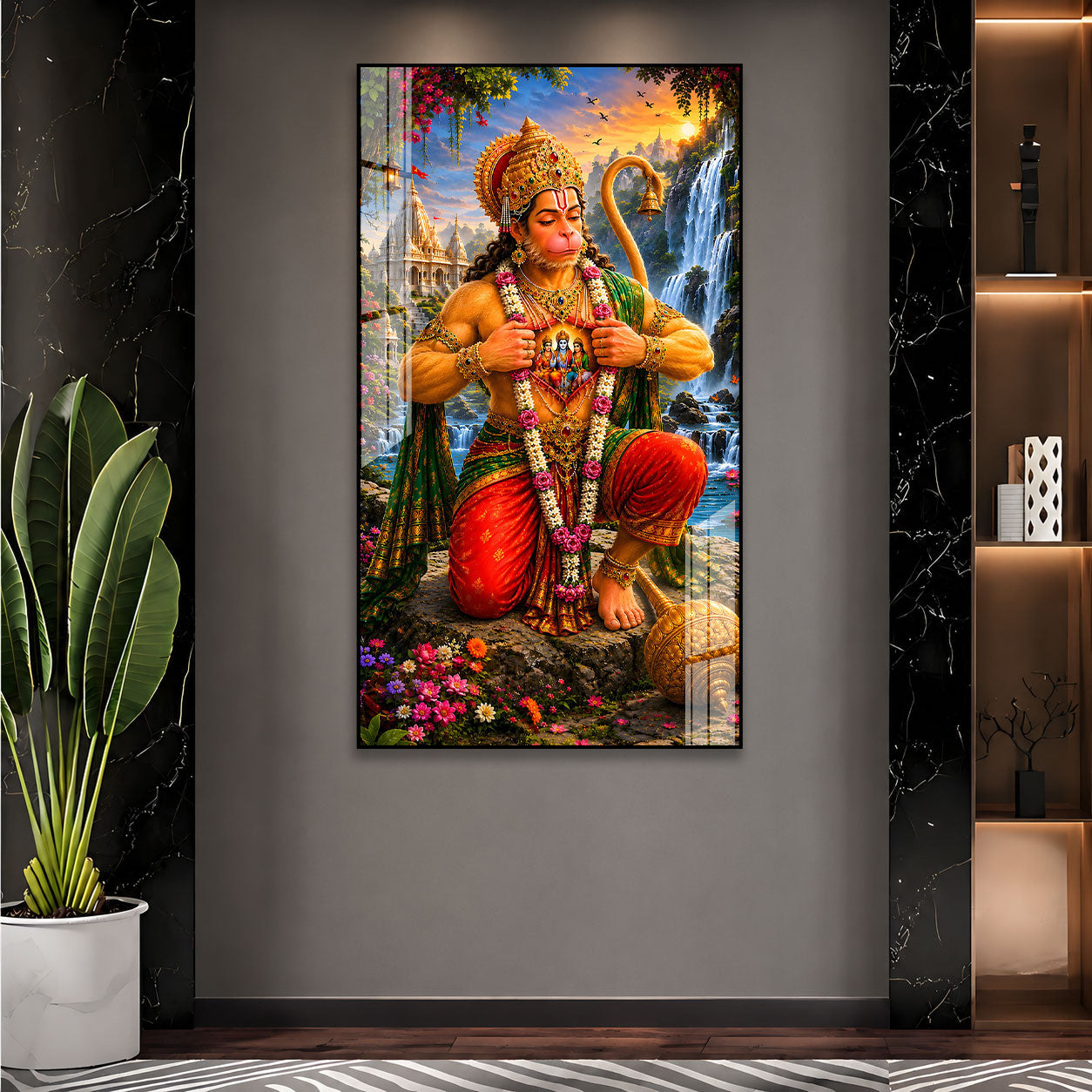 Luxury Hanuman Ji Acrylic Wall Painting with Ram Darbar | Premium Temple Home Decor Gift