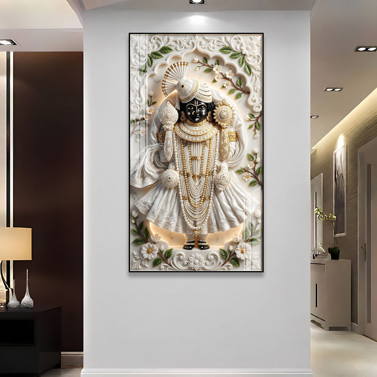 Lord Shrinathji Divine Acrylic Wall Art with Traditional Nathdwara Inspired Floral Design