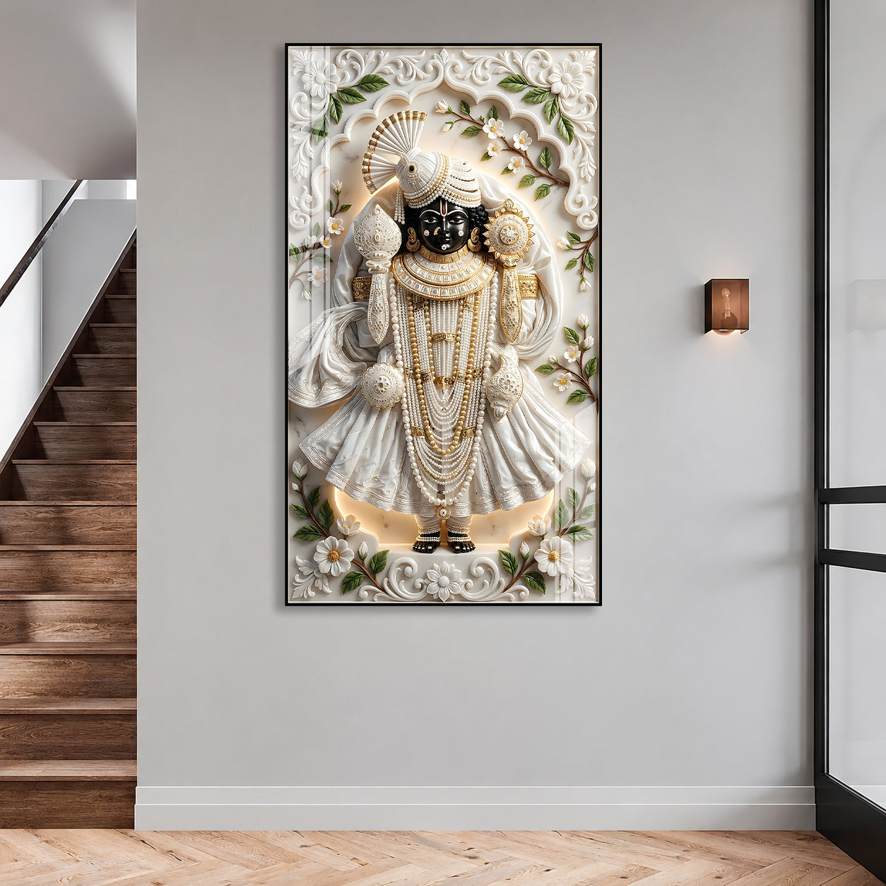 Lord Shrinathji Divine Acrylic Wall Art with Traditional Nathdwara Inspired Floral Design