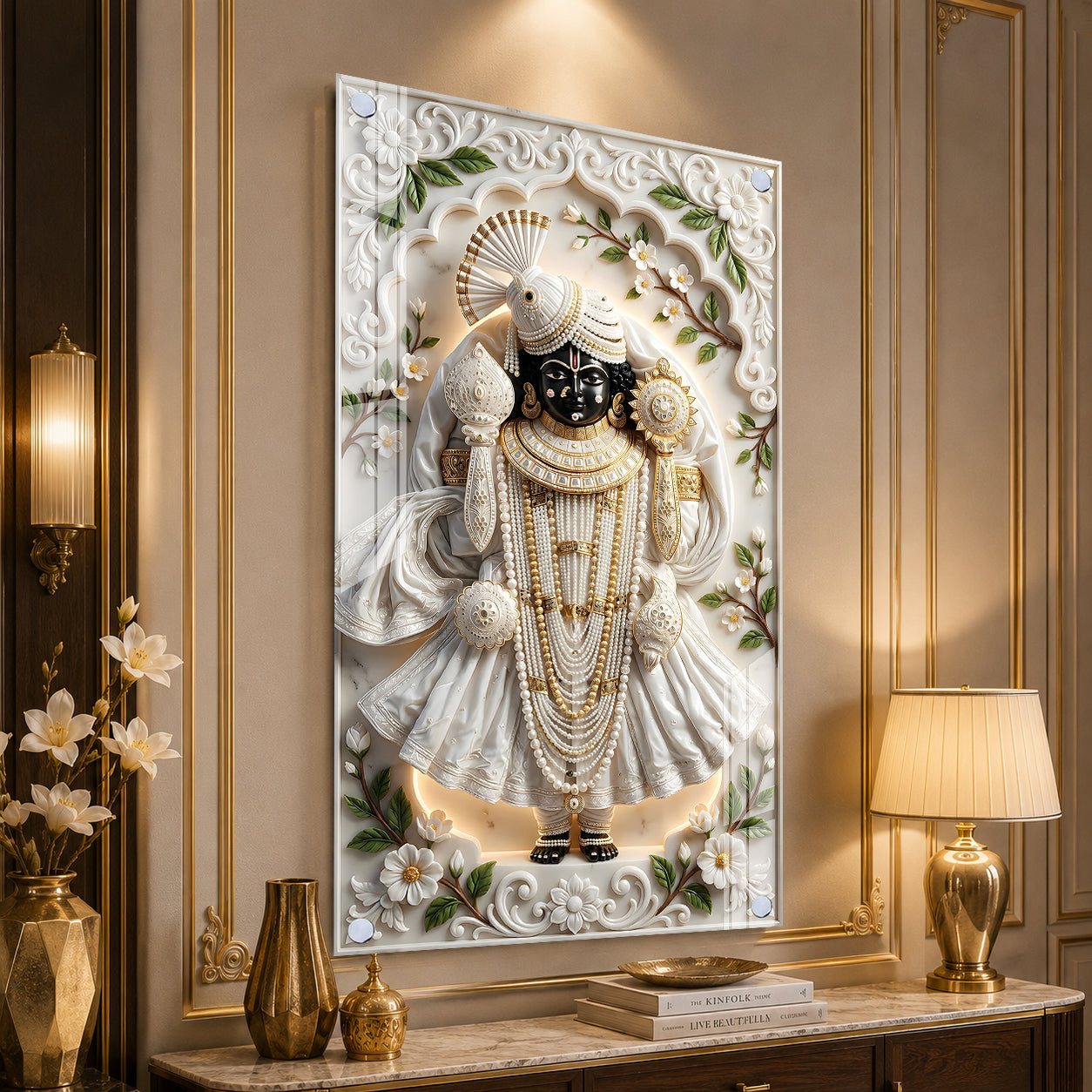 Lord Shrinathji Divine Acrylic Wall Art with Traditional Nathdwara Inspired Floral Design
