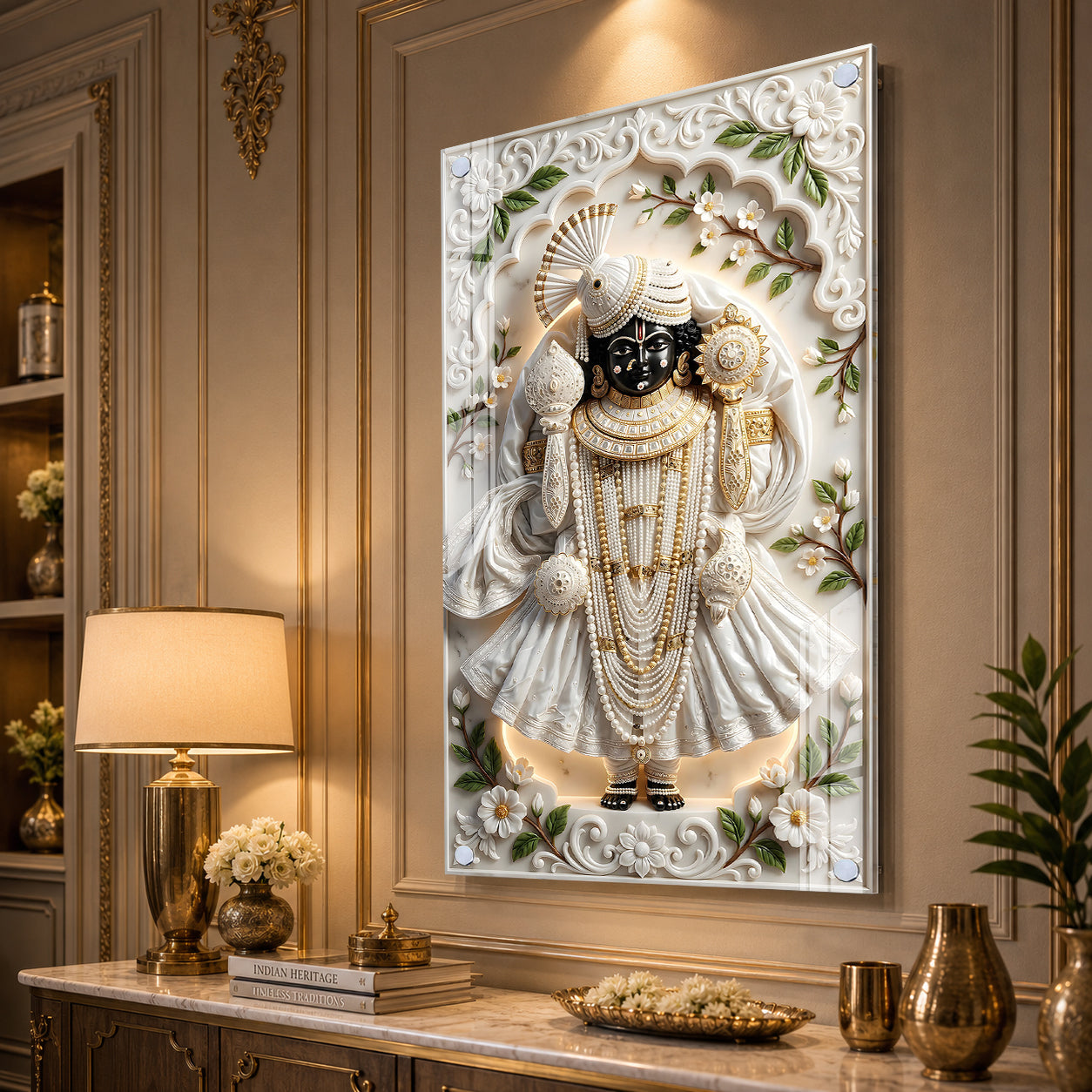 Lord Shrinathji Divine Acrylic Wall Art with Traditional Nathdwara Inspired Floral Design