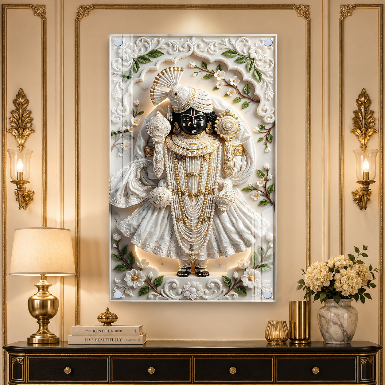 Lord Shrinathji Divine Acrylic Wall Art with Traditional Nathdwara Inspired Floral Design